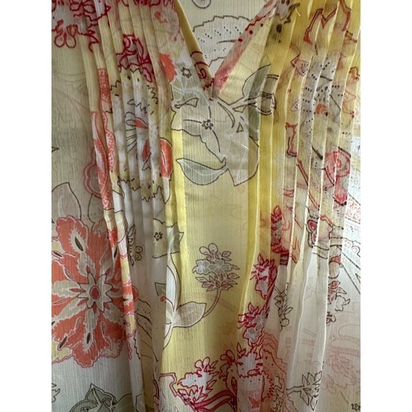 Susan Graver XL sheer yellow floral print long sleeve pin tuck v neck Boho top - Picture 2 of 7